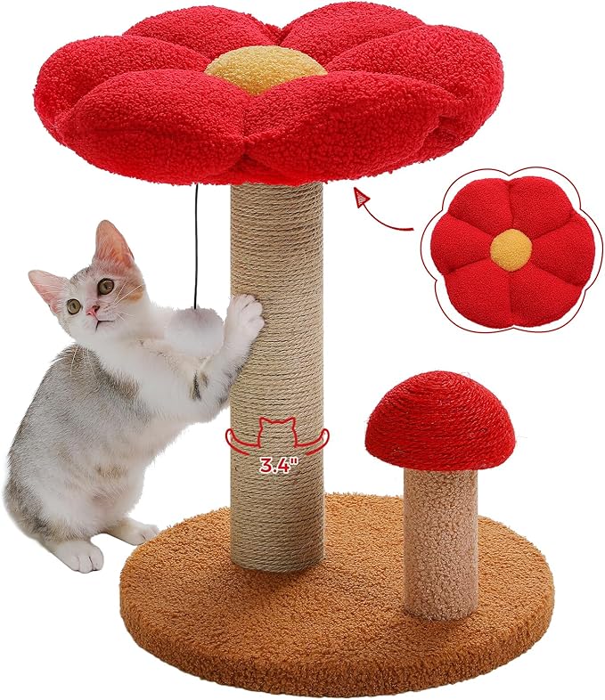 PETEPELA Cat Scratching Post, Mushroom Cat Scratcher Cute Cat Tree Tower with Thick Scratching Post & Removable Flower Cat Bed [Dia=15.7''], Tall Cat Post for Kittens and Indoor Small Cats, Brown - PAWPICO