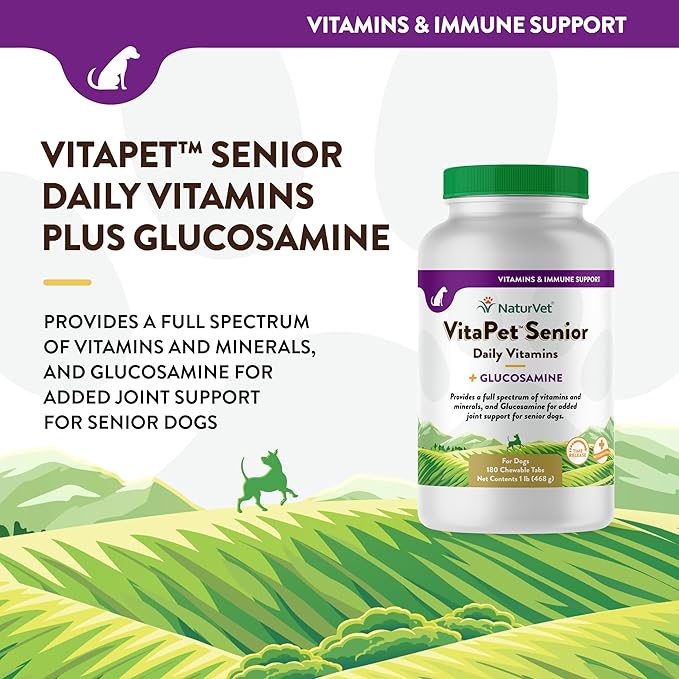 NaturVet VitaPet Senior Daily Vitamins Plus Glucosamine, Dog Multivitamin Supplement, Chewable Tablets, Time Release, Made in The USA with Globally Source Ingredients 180 Count NaturVet