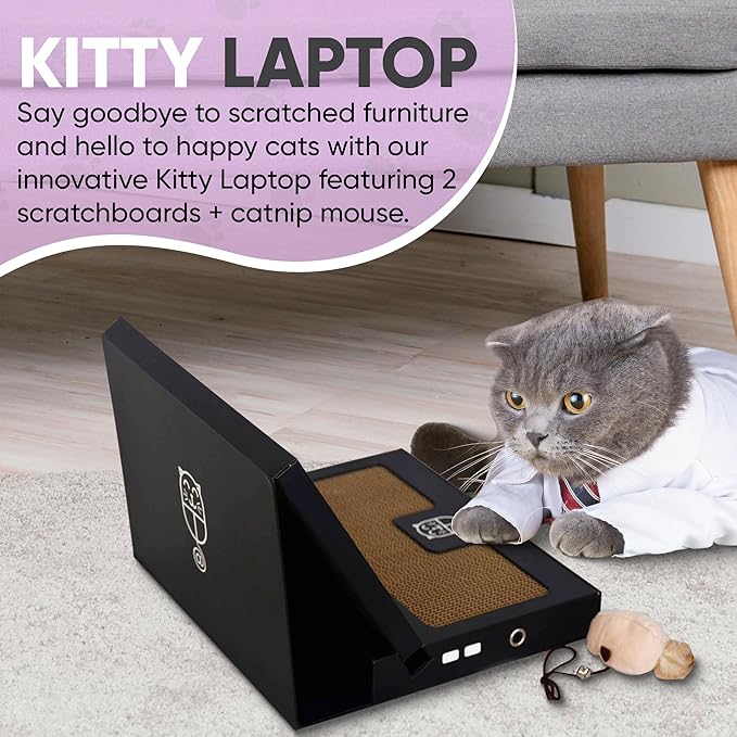 Toy Cat Laptop with 2 Scratchboards + Catnip Mouse Toy for Cats + 50pack Cat Sticker - Interactive Eco-Friendly Cat Computer with Scratch Pad Laptop for Cats - Mini Cat Laptop - PAWPICO
