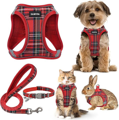 GAMUDA Small Dog Harness Collar and Leash Set, Step in No Chock No Pull Soft Mesh Adjustable Dog Vest Harnesses Plaid Reflective for Dogs Puppy Cats Kitten Rabbit (Red, M) GAMUDACollarsCollection