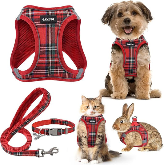 GAMUDA Small Dog Harness Collar and Leash Set, Step in No Chock No Pull Soft Mesh Adjustable Dog Vest Harnesses Plaid Reflective for Dogs Puppy Cats Kitten Rabbit (Red, XXXS) GAMUDACollarsCollection