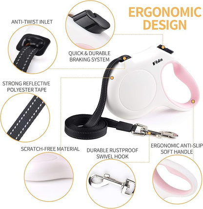 Fida Retractable Dog Leash X-Small Breed, 10 ft Durable Pet Walking Leash for Extra Small Dogs/Cats/Small Animals up to 18 lbs, 360° Tangle Free, White Fida