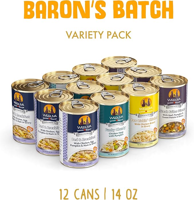 Weruva Classic Dog Food, Variety Pack, Baron's Batch, Wet Dog Food, 14oz Cans (Pack of 12), Multi - PAWPICO
