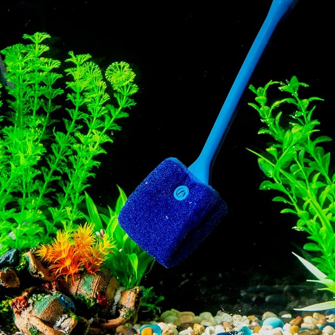 SLSON Aquarium Algae Scraper Double Sided Sponge Brush Cleaner Long Handle Fish Tank Scrubber for Glass Aquariums and Home Kitchen,15.4 inches SLSON
