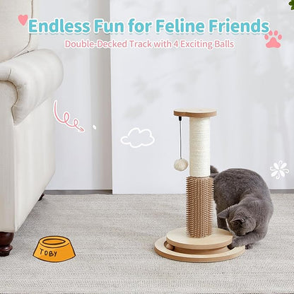 Made4Pets Cat Scratching Post 18" Tall for Small Kittens, 4-in-1 Cat Scratcher with Natural Sisal Ropes, Wooden Turntable Track Toy with Self Grooming Brush, Premium Scratch Pole with Plush Balls - PAWPICO