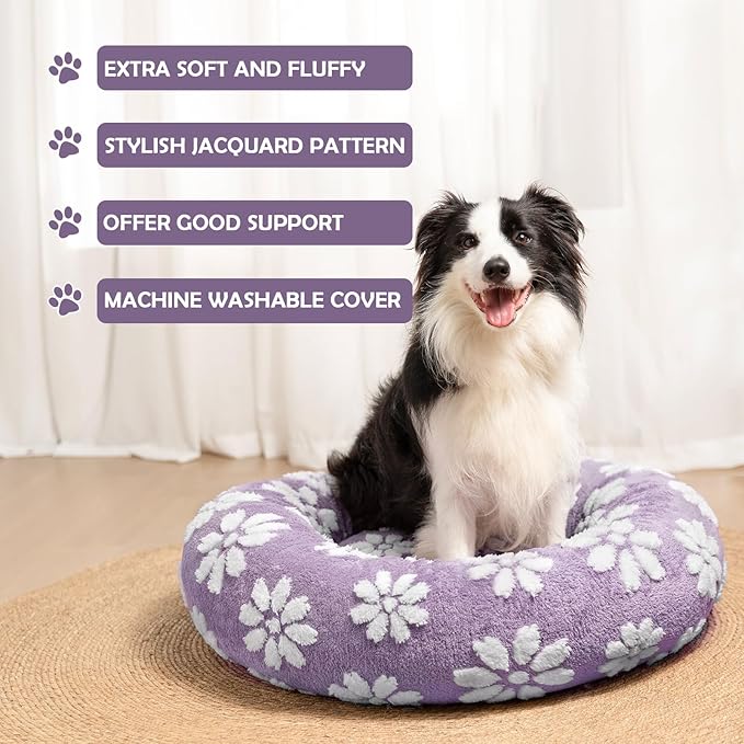 Donut Dog Beds for Small Dogs, Calming Round Cat Beds for Indoor Cats, Cute 3D Textured Flower Pet Bed with Removable Washable Cover and Anti-Slip Bottom（Purple，23"） - PAWPICO