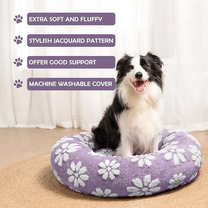 Donut Dog Beds for Small Dogs, Calming Round Cat Beds for Indoor Cats, Cute 3D Textured Flower Pet Bed with Removable Washable Cover and Anti-Slip Bottom（Purple，23"） - PAWPICO