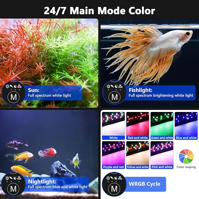 hygger New Mode 24/7 Timer LED Aquarium Light, Auto On Off Full Spectrum Fish Tank Light Fish Colorful/Sun/Nightlight/Wrgb Cycle Mode for Freshwater Plants Tank (for 27in~33in Long Tank) hygger