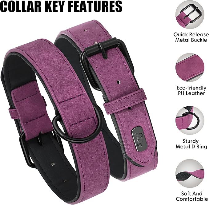 Didog Soft Padded Leather Dog Collar, Breathable Heavy Duty Dog Collar Leather with Adjustable Rust-Proof Metal Buckle for Small Medium Large Dogs, Purple, M Didog