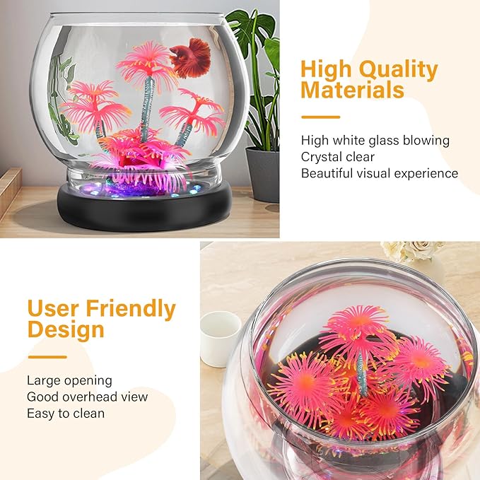 hygger 0.5 Gallon/1 Gallon Glass Fish Bowl with LED Light and Decor, Small Round Betta Fish Tank Goldfish Bowl, Round Clear Unbreakable Aquarium/Vase/Hydroponic Plant Terrarium, Nice Centerpieces hygger