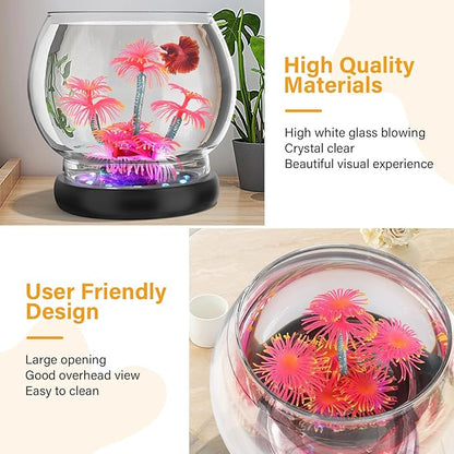 hygger 0.5 Gallon/1 Gallon Glass Fish Bowl with LED Light and Decor, Small Round Betta Fish Tank Goldfish Bowl, Round Clear Unbreakable Aquarium/Vase/Hydroponic Plant Terrarium, Nice Centerpieces hygger