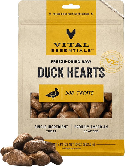 Vital Essentials Freeze Dried Raw Single Ingredient Dog Treats, Duck Hearts, 10 oz | Premium Quality High Protein Training Treats | Grain Free, Gluten Free, Filler Free - PAWPICO