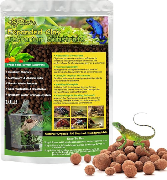 Riare 10LBS Expanded Clay Balls Terrarium Substrate for Reptiles - 100% Organic Lightweight Clay Pebbles Substrate Frogs False Bottom Substrate, Bioactive Terrarium Substrate for Drainage and Moisture Riare