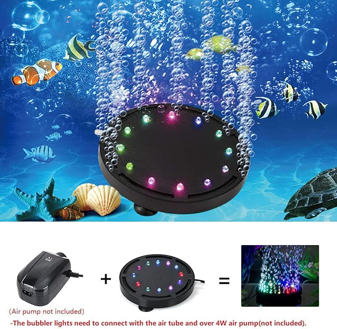 5 inch 12LEDs Aquarium Air Bubble Light, Multi-Colored Submersible Fish Tank Air Stone Disk Lamp Underwater Bubbler Light for Fish Tanks and Fish Ponds LEDGLE