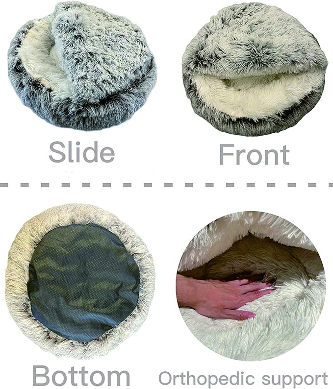 ShinHye Cat Bed Round Plush Fluffy Hooded Cat Bed Cave, Cozy for Indoor Cats or Small Dog beds, Soothing Pet Beds Dog Cave Bed - Waterproof Bottom Washable, (26×26inch, Grey) - PAWPICO