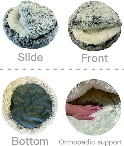 ShinHye Cat Bed Round Plush Fluffy Hooded Cat Bed Cave, Cozy for Indoor Cats or Small Dog beds, Soothing Pet Beds Dog Cave Bed - Waterproof Bottom Washable, (26×26inch, Grey) - PAWPICO