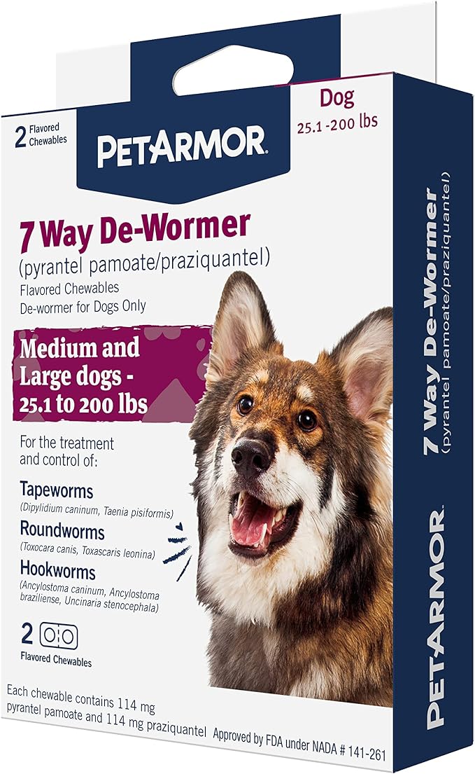 PetArmor 7 Way De-Wormer for Dogs, Oral Treatment for Tapeworm, Roundworm & Hookworm in Large Dogs & Puppies (Over 25 lbs), Worm Remover (Praziquantel & Pyrantel Pamoate), 2 Flavored Chewables PetArmor