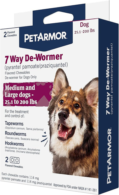 PetArmor 7 Way De-Wormer for Dogs, Oral Treatment for Tapeworm, Roundworm & Hookworm in Large Dogs & Puppies (Over 25 lbs), Worm Remover (Praziquantel & Pyrantel Pamoate), 2 Flavored Chewables PetArmor