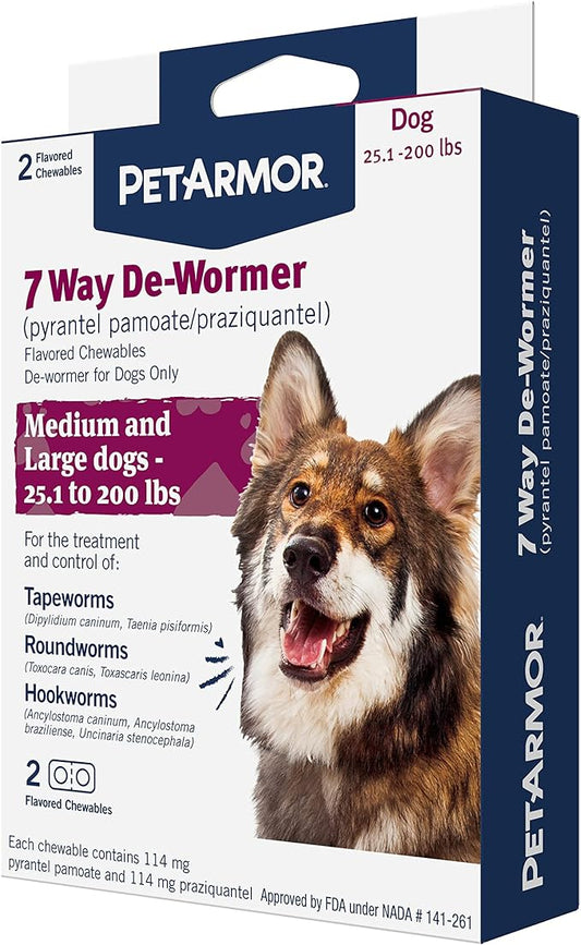 PetArmor 7 Way De-Wormer for Dogs, Oral Treatment for Tapeworm, Roundworm & Hookworm in Large Dogs & Puppies (Over 25 lbs), Worm Remover (Praziquantel & Pyrantel Pamoate), 2 Flavored Chewables PetArmor