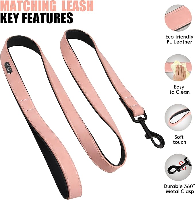 Didog Soft Padded Leather Dog Collar and Leash Set, Heavy Duty Pink Dog Leash and Collar Set with Metal Buckle, Breathable Dog Collars with 4FT Leather Dog Leash for Small Medium Large Dogs, Pink, XL Didog
