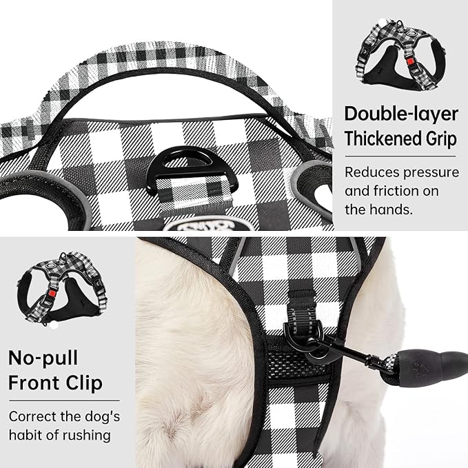 IVY&LANE No Pull Dog Harness with Leash Set, Reflective No Choke Pet Vest,Adjustable Oxford Dog Vest Harness with Easy Control Handle for Medium Lagre Dogs (Checkered Black,M) IVYLANE