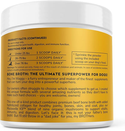 Bone Broth for Dogs – Bone Broth Powder with Organic Mushrooms & Collagen for Digestion, Immunity & Joint Support – Tasty Beef Supplement for Dogs of All Ages, Sizes & Breeds – 3.20 oz WonderPaws
