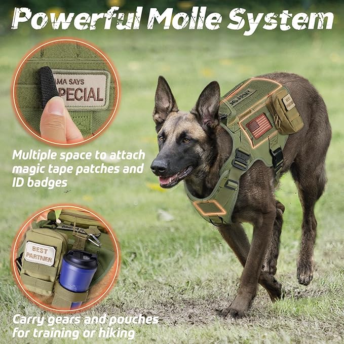 rabbitgoo Tactical Dog Harness Medium Sized, Heavy Duty Pet Harness with Handle, No-Pull Service Vest Medium Breed, Adjustable Military Dog Vest for Training Hunting Walking, Green, M rabbitgoo