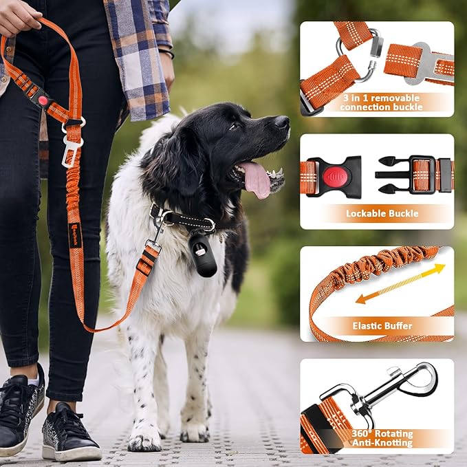 Removable Dog Seat Belt Harness for Car, 3 in 1 Pet Dog Car Seatbelt Leash, Retractable Restraint Secures to Vehicle Headrest & Adjustable Reflective Bungee Dog Seatbelt Tether,Orange - PAWPICO
