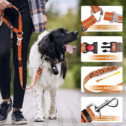 Removable Dog Seat Belt Harness for Car, 3 in 1 Pet Dog Car Seatbelt Leash, Retractable Restraint Secures to Vehicle Headrest & Adjustable Reflective Bungee Dog Seatbelt Tether,Orange - PAWPICO