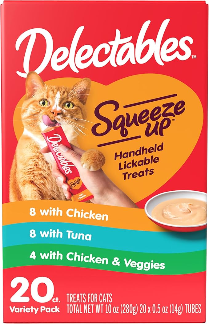Delectables Squeeze Up Variety Pack, Creamy Squeezable Puree, Lickable Wet Cat Treats, Grain Free, No Added Fillers, No by-Products, No Added Preservatives, 0.5 Ounces Tube, 20 Tubes Total Hartz