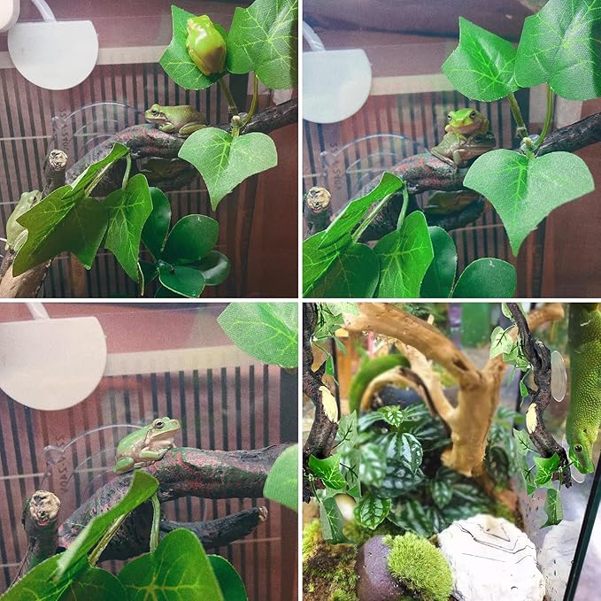 Fhiny 2 PCS Reptile Corner Branch, Resin Climb Tree Branch Decor with Leaves Tank Accessories Terrarium Plant Ornament with Suction Cup for Snake Lizard Bearded Dragons Gecko Climbing Fhiny