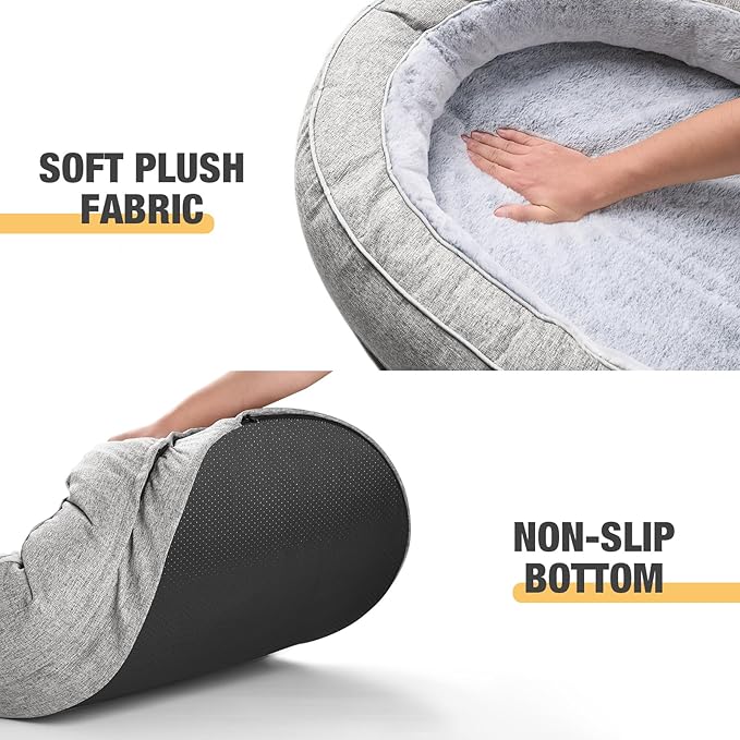 Veehoo Orthopedic Cat Bed for Indoor Cats, Oval Washable Cat Bed with Egg Crate Foam Support, Indoor Donut Puppy Cat Bed Bolster Dog Bed with Removable Cover & Non-Slip Bottom, Light Gray - PAWPICO