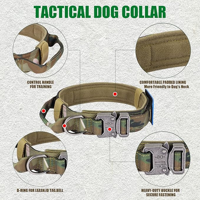 Tactical Dog Collar Military Dog Collar Adjustable Nylon Dog Collar Heavy Duty Metal Buckle with Handle for Dog Training,with Patches (Camo, L) Celifelight