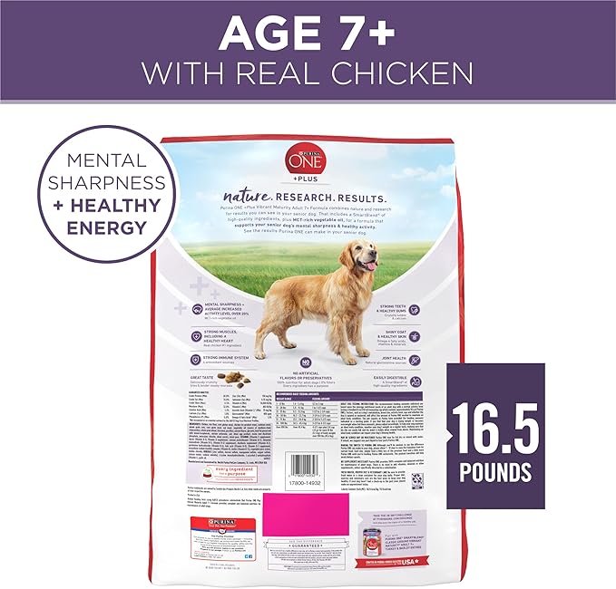 Purina ONE High Protein Dry Senior Dog Food Plus Vibrant Maturity Adult 7 Plus Formula - 16.5 lb. Bag - PAWPICO
