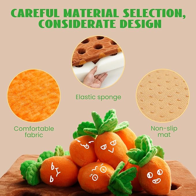 Nocciola 12 pcs Carrot Dog Squeaky Toys with Food Dispensing Carrot Farm, Dog Enrichment Toys for Hide and Seek, Puzzle Toys for Small and Medium Dogs - PAWPICO
