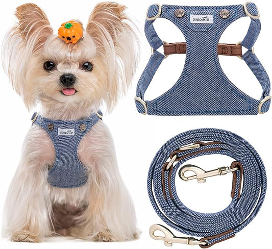 Puppytie No Pull xs Dog Harness with Multifunction Dog Leash,Soft Adjustable No Choke Escape Proof Pet Harness Vest,Denim Light Blue,XXS Puppytie