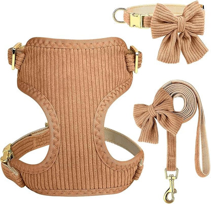 Didog Cute Small Dog Harness Collar & Leash Set, Adjustable Dog Collars and Leashes with Bowtie, Breathable Soft Mesh Padded Dog Vest for Puppies Small Dogs Walking, Brown, S Didog