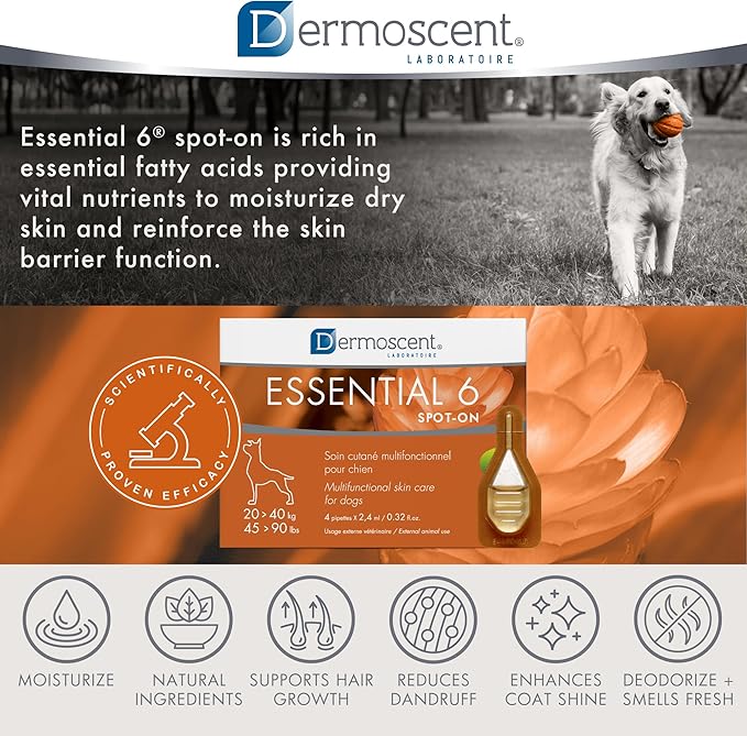 Dermoscent Essential 6 spot-on - Dog Skin Care for Dandruff & Allergy Relief with Vitamin E Oil - Anti Itch for Dogs - Natural Ingredients for Sensitive Skin - Dogs 20-40 kg - 4 Pipettes of 2.4 ml Dermoscent