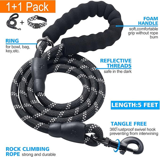 Reflective Dog Collar Padded with Soft Neoprene Breathable Adjustable Nylon Dog Collars for Small Medium Large Dogs (Large (Pack of 1), Black Plaid Collar+Leash) ladoogo