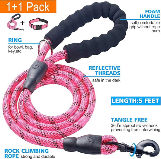 Reflective Dog Collar Padded with Soft Neoprene Breathable Adjustable Nylon Dog Collars for Small Medium Large Dogs (Large (Pack of 1), Pink Collar+Leash) ladoogo