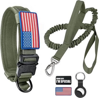 Tactical Dog Collar and Bungee Leash, Camo Military Dog Collar & Leash Set with USA American Flag Adjustable K9 Collar with Heavy Duty Metal Buckle & Handle,with Patches and Airtags Case (L, Green) Celifelight