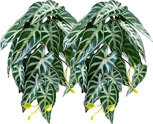 Woyrise 2 Pack Reptile Plants, Terrarium Hanging Plant Vines, Artificial Leaves with Suction Cup, Bearded Dragon Tank Accessories for Gecko Lizard Snake Frog Tortoise Decorations - Alocasia Velvet Woyrise