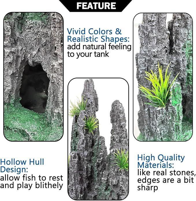Aquarium Decoration Large and Tall for Fish Tank Rock Thematic Ornaments Aquarium Mountain View Stone Ornaments Aquarium Decor Tree House Cave Fish Tank Decoration - Large VMCN