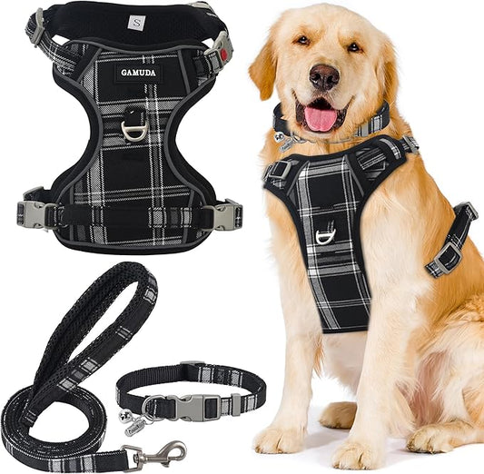 GAMUDA Dog Harness Collar and Leash Set, Horse Care Sheets, No Chock No Pull Adjustable Vest Harnesses Plaid Reflective for Medium Dog, Cat, Small Horse, Small Bull and Pig (Black, L) GAMUDACollarsCollection