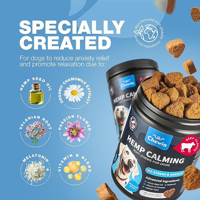 Hemp Calming Chews for Dogs - Dog Calming Treats - Anxiety Relief for Dogs with L-Theanine, Chamomile Extract, Valerian Root - Dog Anxiety Relief for Travel, Vet Visits, Thunderstorms, Nail Trimming CHEWIA