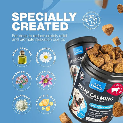 Hemp Calming Chews for Dogs - Dog Calming Treats - Anxiety Relief for Dogs with L-Theanine, Chamomile Extract, Valerian Root - Dog Anxiety Relief for Travel, Vet Visits, Thunderstorms, Nail Trimming CHEWIA