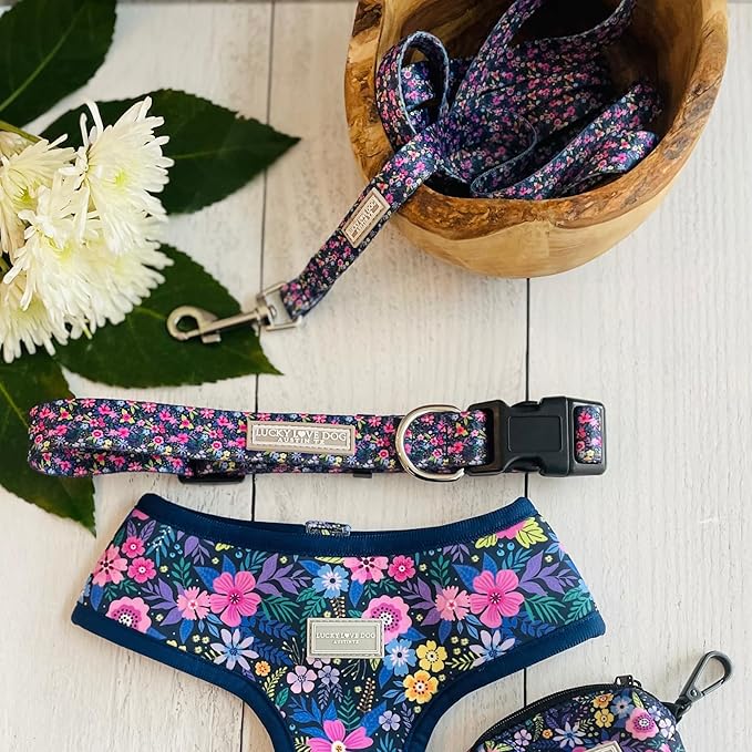 Lucky Love Dog, Matching Dog Collar & Leash Set for Female Dogs, Soft, Adjustable, Safe for Training and Walking, Black & Purple Floral Print, Primrose Combo, Large LuckyLoveDog