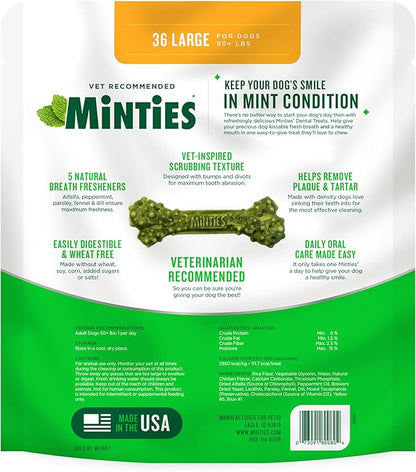 Minties Dental Chews for Dogs, 36 Count, Vet-Recommended Mint-Flavored Dental Treats for Large Dogs Over 50 lbs, Dental Bones Clean Teeth, Fight Bad Breath, and Removes Plaque and Tartar Minties
