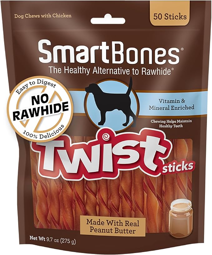 SmartBones Smart Twist Sticks With Peanut Butter 50 Count, Rawhide-Free Chews For Dogs, SBTT-02943, 50-count - PAWPICO