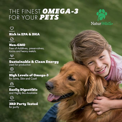 Omega 3 Fish Oil Supplement for Dogs and Cats - 1000 mg Pure DHA and EPA Omegas - Supports Healthy Coat and Skin, Heart, Immune System, Joints and Hip - 180 softgels NATURPAWS